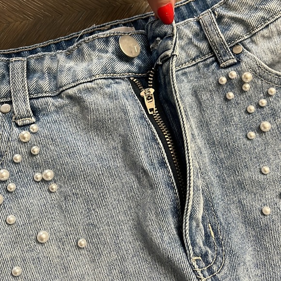 Toni denim with pearls high waisted mini skirt Size L/ 30” - Picture 11 of 17